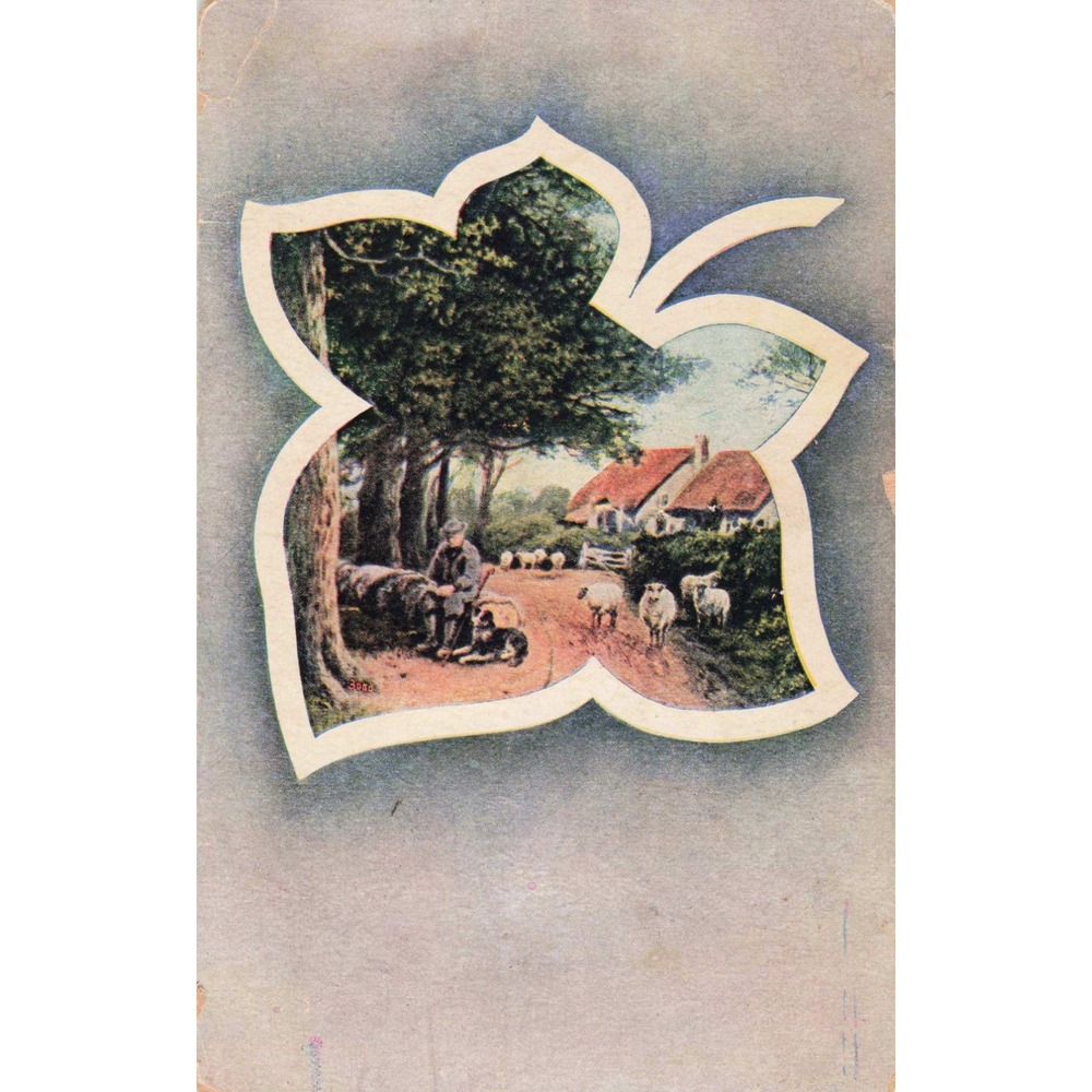Vintage Pastoral Shepherd and Sheep Leaf Cutout Postcard Birthday Greeting - Picture 1 of 2
